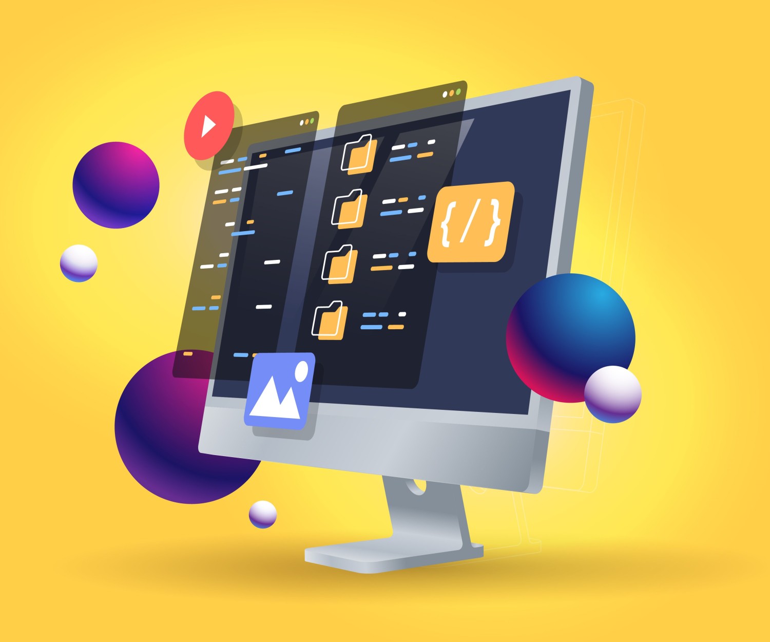 Programming web banner. Best programming languages. Social media creative concept idea. desktop computer. Screen. Realistic 3d design.